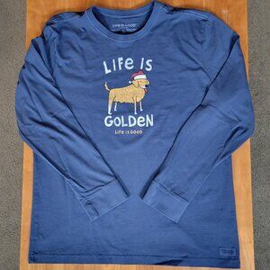 Men's Navy Crusher Crew Neck Life Is Golden Long Sleeve Xmas Holiday Dog Tee - L